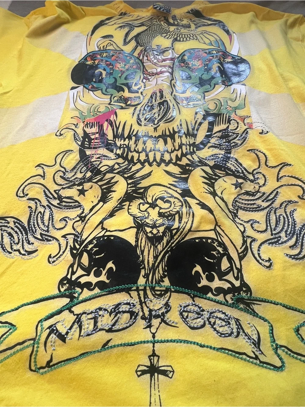 Miskeen Y2K Skull Graphic Tee XXL Yellow Streetwear - Picture 3 of 6